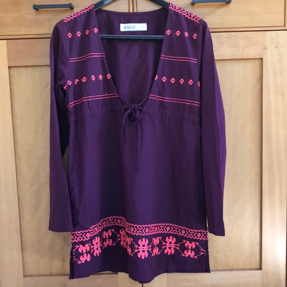 Carve Designs Swim Cover Up/ Shirt/ Top- Small- Plum Purple with Pink Embroidery